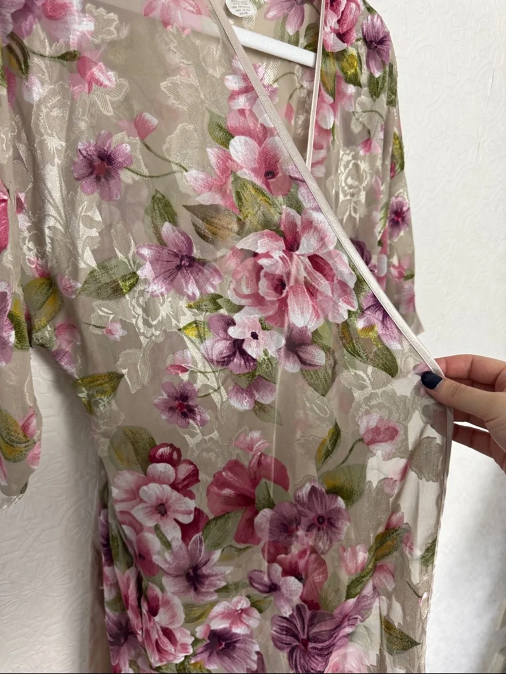Vintage LA Intimates‎ Floral Sheer Robe Medium Pink Lace Trim Tie Waist Style
